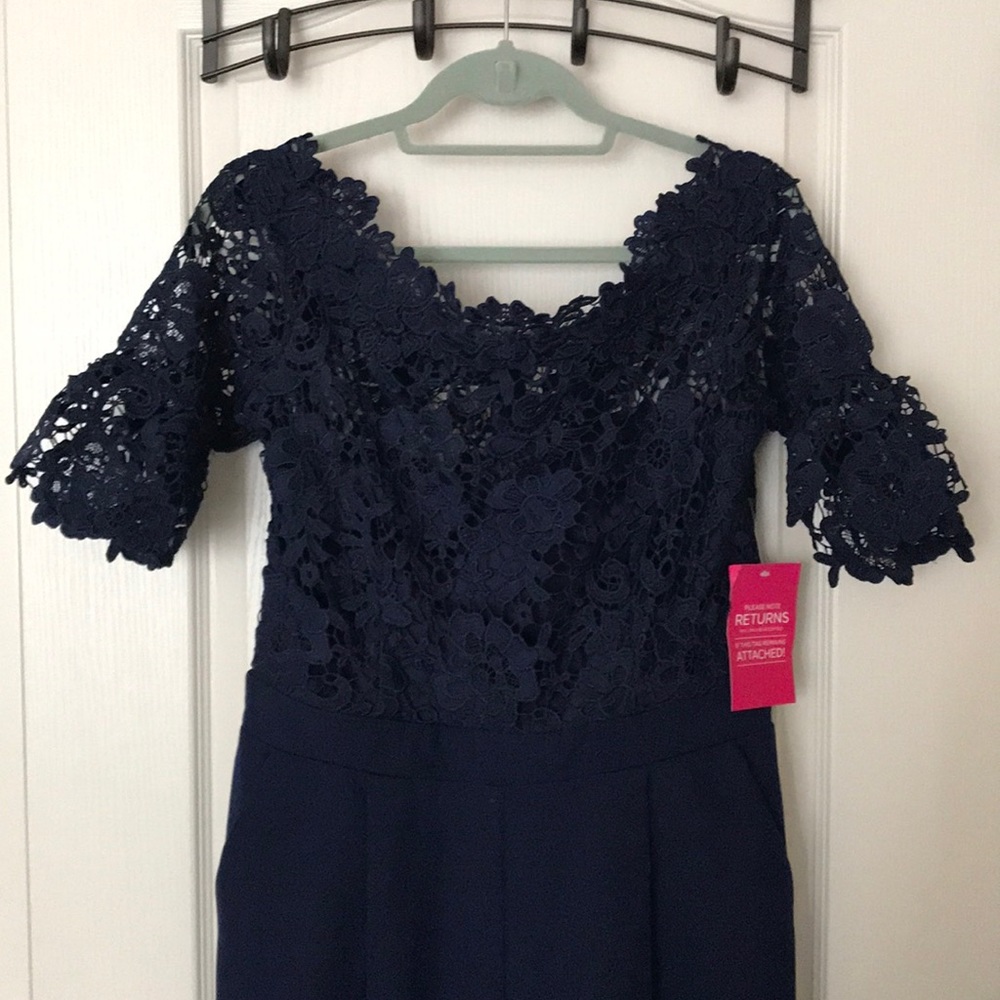 ASOS Tall / PAPERDOLLS Blue Lace Bardot Jumpsuit